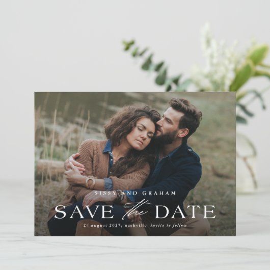 Elegante QR-code 2 foto bruiloft Save The Date (Staand voorkant)