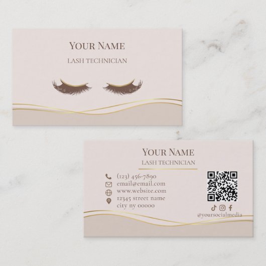Elegante QR-code Beige en Goud Wimpertechnicus Visitekaartje (Voorkant / Achterkant)