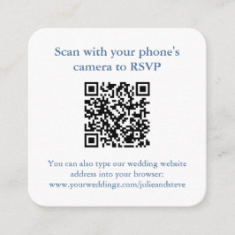 Elegante QR Code Blauw Wit Huwelijk RSVP Informatiekaartje