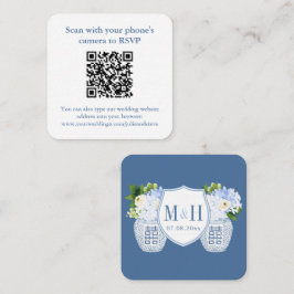 Elegante QR Code Blauw Wit Huwelijk RSVP Informatiekaartje