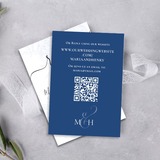 Elegante QR-code blauwe bloem klassieke maaltijdke RSVP Kaartje