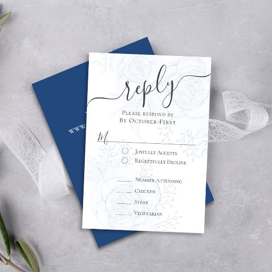 Elegante QR-code blauwe bloem klassieke maaltijdke RSVP Kaartje