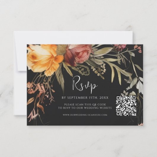 Elegante QR Code Bloemen Zwart Bruiloft RSVP Kaartje (Voorkant)