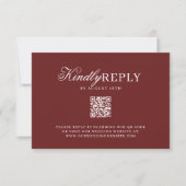 Elegante QR-code bordeauxrode trouw-RSVP kaart (Voorkant)