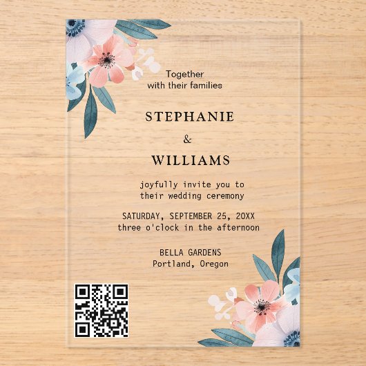 Elegante QR-code | Dusty Blue Floral Wedding Acryl Uitnodigingen (Voorkant)