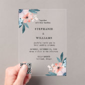 Elegante QR-code | Dusty Blue Floral Wedding Acryl Uitnodigingen (Insitu (Draagbaar))