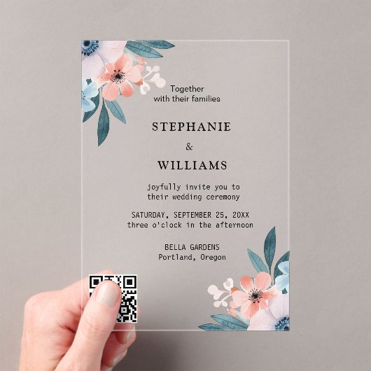 Elegante QR-code | Dusty Blue Floral Wedding Acryl Uitnodigingen (Insitu (Draagbaar))