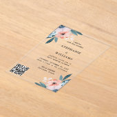 Elegante QR-code | Dusty Blue Floral Wedding Acryl Uitnodigingen (Laagn)