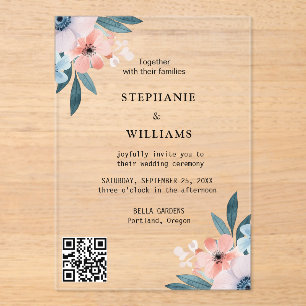 Elegante QR-code   Dusty Blue Floral Wedding Acryl Uitnodigingen