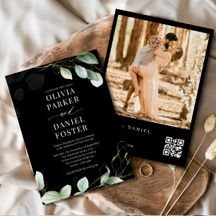 Elegante QR Code Eucalyptus Zwarte Foto Trouwkaart Kaart