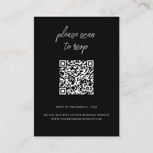 Elegante QR Code Foto Zwart Trouwen RSVP Informatiekaartje (Voorkant)