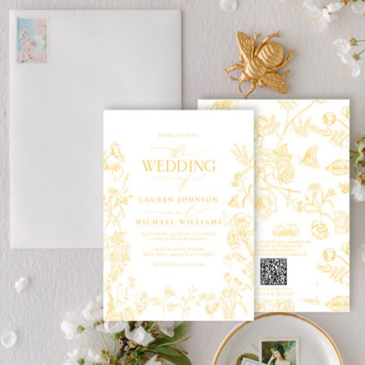 Elegante QR Code Goud Chinoiserie Bloemen Huwelijk Kaart