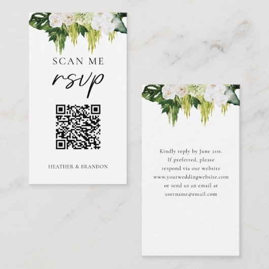 Elegante QR-code groene wedding RSVP Informatiekaartje (Voorkant / Achterkant)