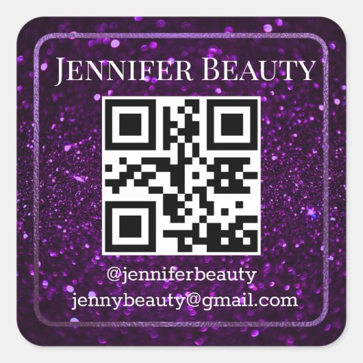 Elegante QR-code Kleine bedrijven paarse glitters Vierkante Sticker (Voorkant)