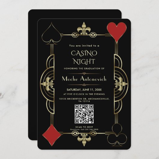 Elegante QR-code Las Vegas Casino Night Afstudeerf Kaart (Voorkant / Achterkant)