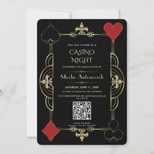 Elegante QR-code Las Vegas Casino Night Afstudeerf Kaart (Voorkant)