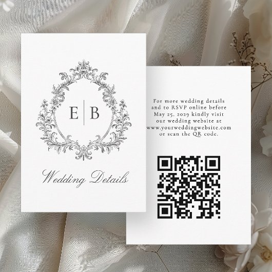Elegante QR-code Monogram Crest Wedding Details Informatiekaartje