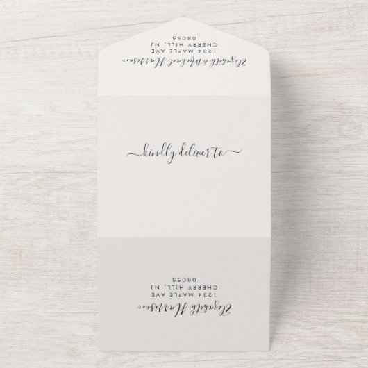 Elegante QR-code Navy bruiloftsontvangst All In One Uitnodiging (Buitenkant)