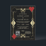 Elegante QR Code Roaring 20s Gold Art Deco Wedding Kaart<br><div class="desc">Uniek en elegant ontwerp met moderne QR-code,  gouden Art Deco-vorm met Fleur-de-lis,  speelkaartpakken,  initialen op de rug; allemaal op gouden Art Deco-patroonachtergrond. Het gebruik personaliseert hulpmiddel om uw info toe te voegen. Ga voor overeenkomende objecten naar mijn Collectie QR-code bruiloft.</div>