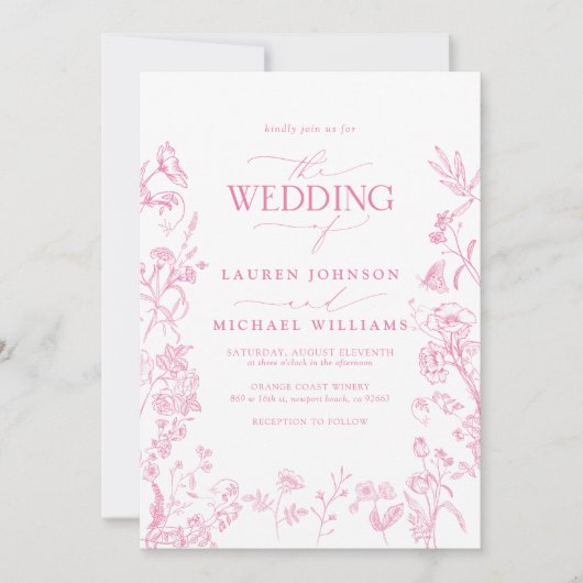 Elegante QR Code Roze Chinoiserie Huwelijk Kaart (Voorkant)