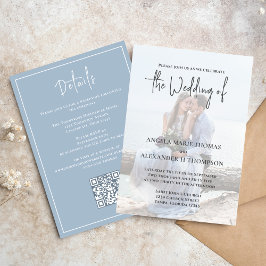 Elegante QR Code RSVP Foto Eenvoudig Stoffig Blauw Kaart