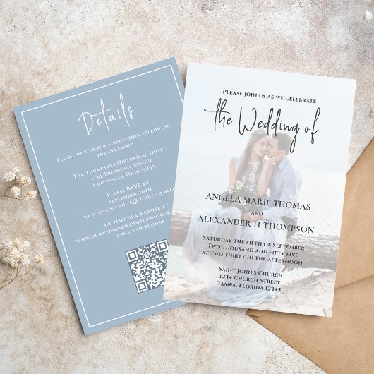 Elegante QR Code RSVP Foto Eenvoudig Stoffig Blauw Kaart