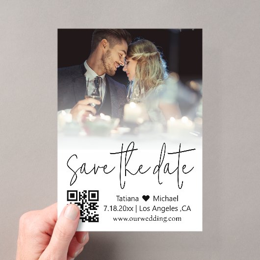 elegante qr-code trendy script foto save the date acryl uitnodigingen (Insitu (Draagbaar))