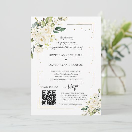 Elegante QR-code witte bloemen gouden bruiloft  Kaart (Staand voorkant)