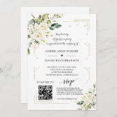 Elegante QR-code witte bloemen gouden bruiloft Kaart (Voorkant / Achterkant)