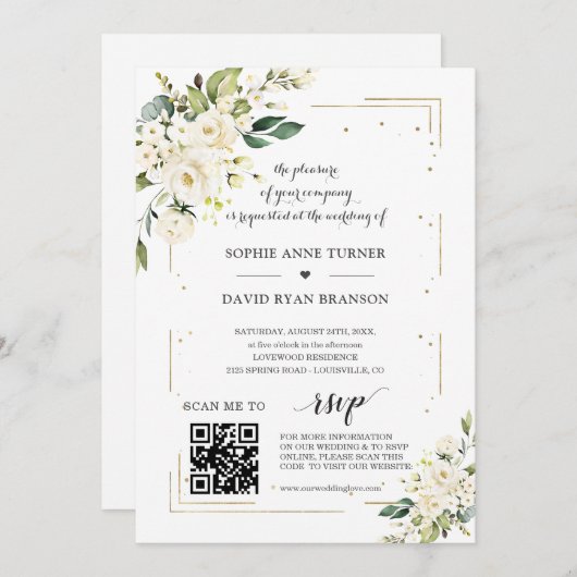 Elegante QR-code witte bloemen gouden bruiloft  Kaart (Voorkant / Achterkant)