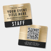 Elegante QR-code Zwart Gouden Event Toegangskaart Badge (Voor- en achterkant)