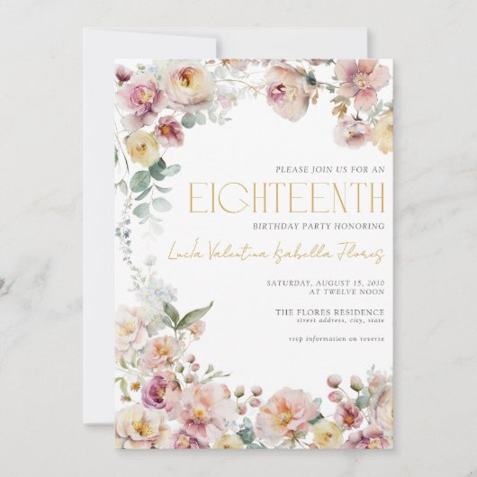 Elegante QR  Roze Gouden Bloem Achttiende Kaart (Voorkant)