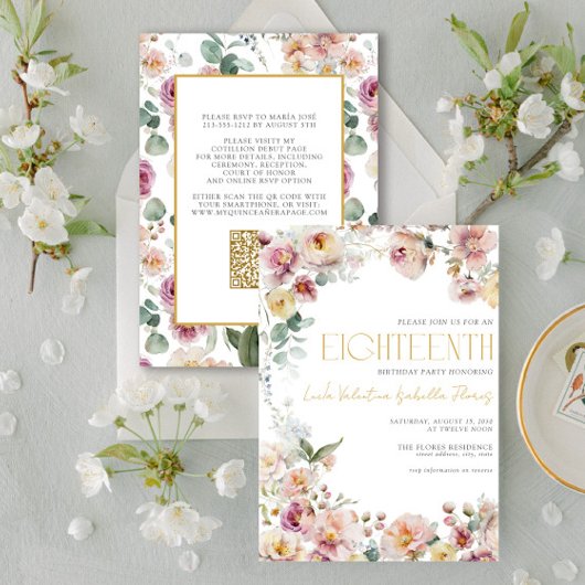 Elegante QR  Roze Gouden Bloem Achttiende Kaart