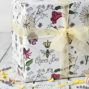 Elegante Queen Bee en Bloemen Tekening in Zwarte I Cadeaupapier