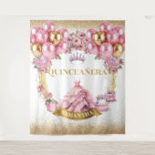 Elegante Quinceañera Achtergrond Roze Jurk Ballonn Wandkleed (Voorkant)