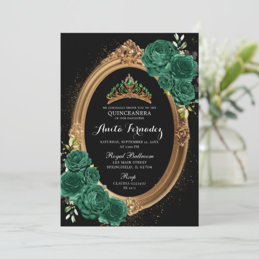 Elegante Quinceanera Black Emerald Green uitnodigi Kaart (Staand voorkant)