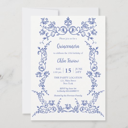 Elegante Quinceañera Blauwe Bloemen uitnodiging (Voorkant)