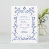 Elegante Quinceañera Blauwe Bloemen uitnodiging (Staand voorkant)