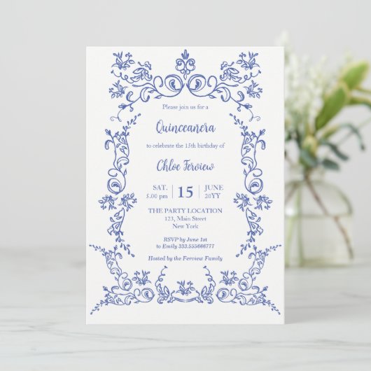 Elegante Quinceañera Blauwe Bloemen uitnodiging (Staand voorkant)
