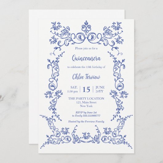 Elegante Quinceañera Blauwe Bloemen uitnodiging (Voorkant / Achterkant)