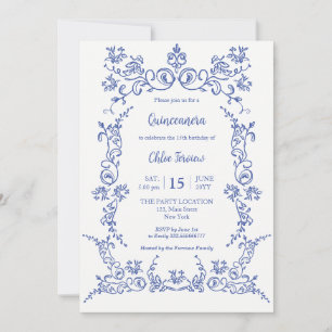 Elegante Quinceañera Blauwe Bloemen uitnodiging