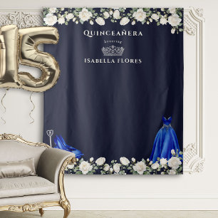 Elegante Quinceanera Bloemenprinses donkerblauw Wandkleed