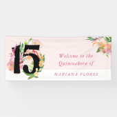 Elegante Quinceanera Blush Roze Bloemen Nummer 15 Spandoek (Horizontaal)