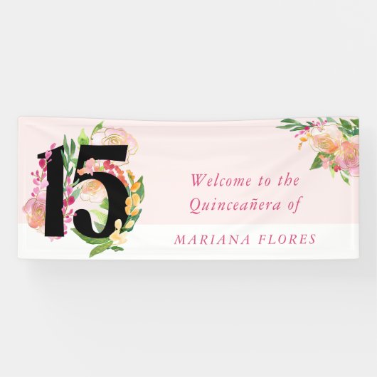 Elegante Quinceanera Blush Roze Bloemen Nummer 15 Spandoek (Horizontaal)