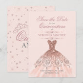 Elegante Quinceañera Blush Roze Rose Jurk Save The Date (Voorkant / Achterkant)