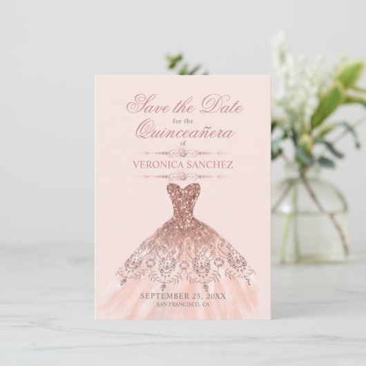 Elegante Quinceañera Blush Roze Rose Jurk Save The Date (Staand voorkant)