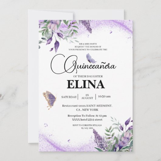 Elegante Quinceañera Lila lavendelvlinder Kaart (Voorkant)