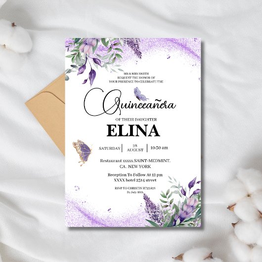 Elegante Quinceañera Lila lavendelvlinder Kaart