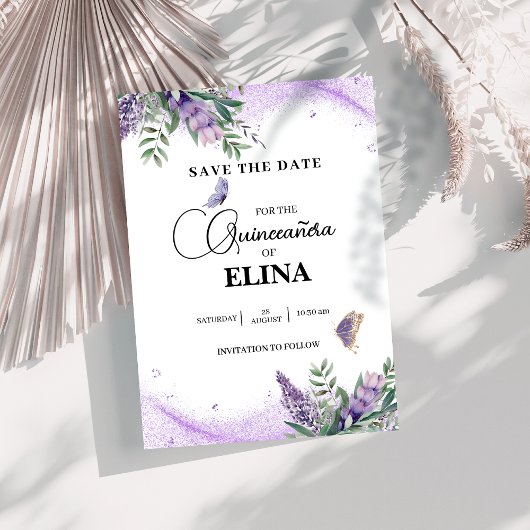 Elegante Quinceañera Lila lavendelvlinder Save The Date