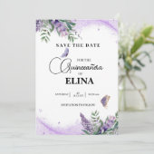 Elegante Quinceañera Lila lavendelvlinder Save The Date (Staand voorkant)